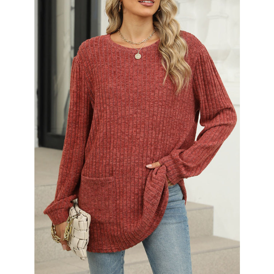 Pocketed Round Neck Long Sleeve T-Shirt Apparel and Accessories