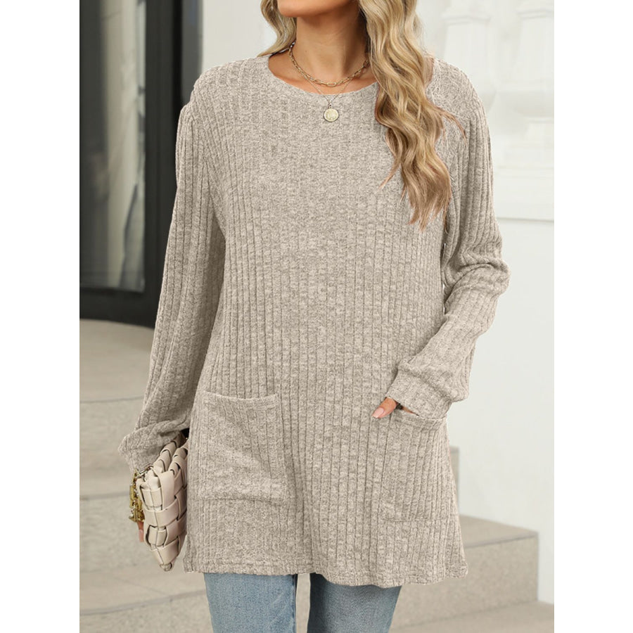 Pocketed Round Neck Long Sleeve T-Shirt Apparel and Accessories