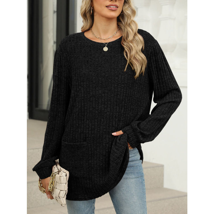 Pocketed Round Neck Long Sleeve T-Shirt Black / S Apparel and Accessories