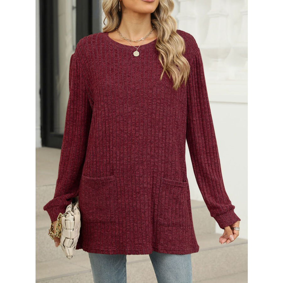 Pocketed Round Neck Long Sleeve T-Shirt Burgundy / S Apparel and Accessories