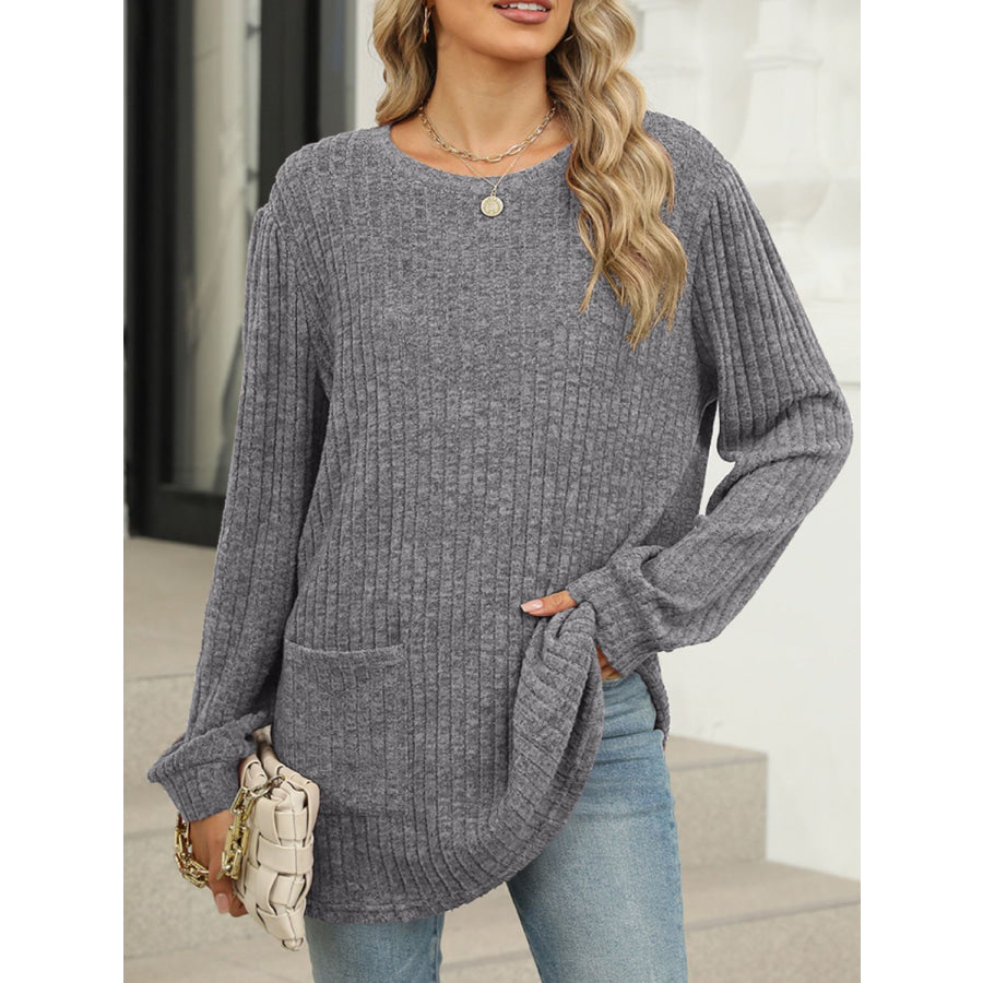 Pocketed Round Neck Long Sleeve T-Shirt Dark Gray / S Apparel and Accessories