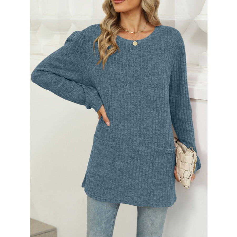 Pocketed Round Neck Long Sleeve T-Shirt French Blue / S Apparel and Accessories