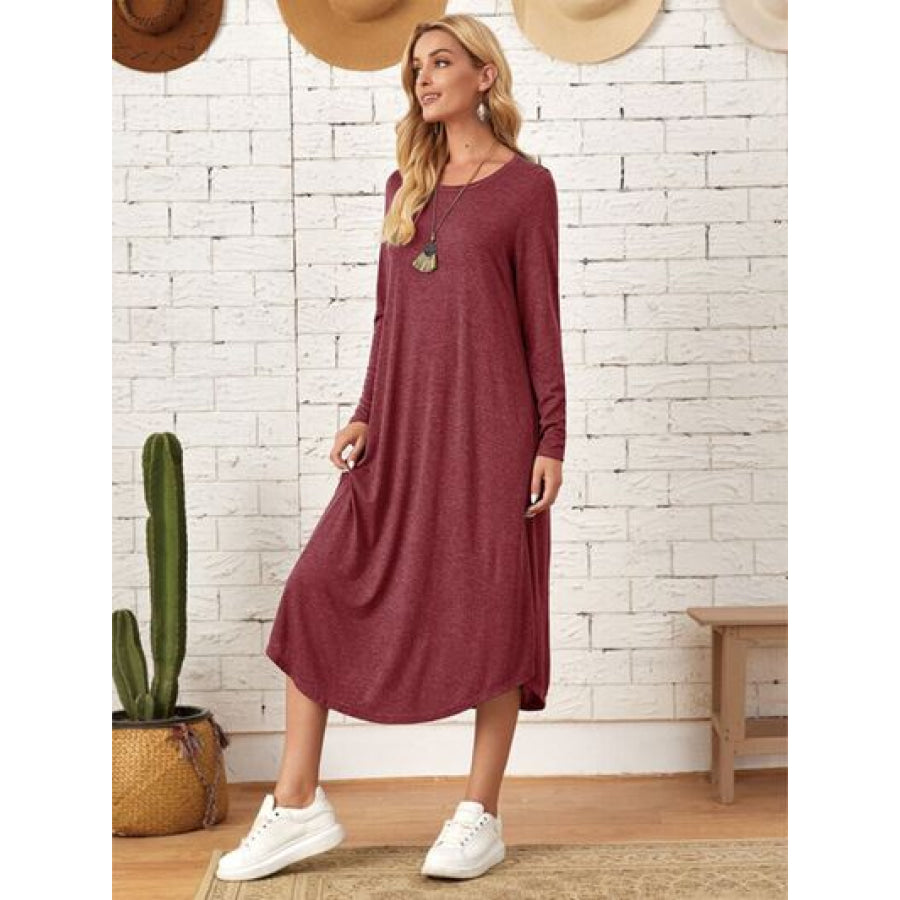 Pocketed Round Neck Long Sleeve Tee Dress Apparel and Accessories