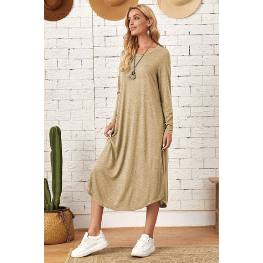 Pocketed Round Neck Long Sleeve Tee Dress Apparel and Accessories