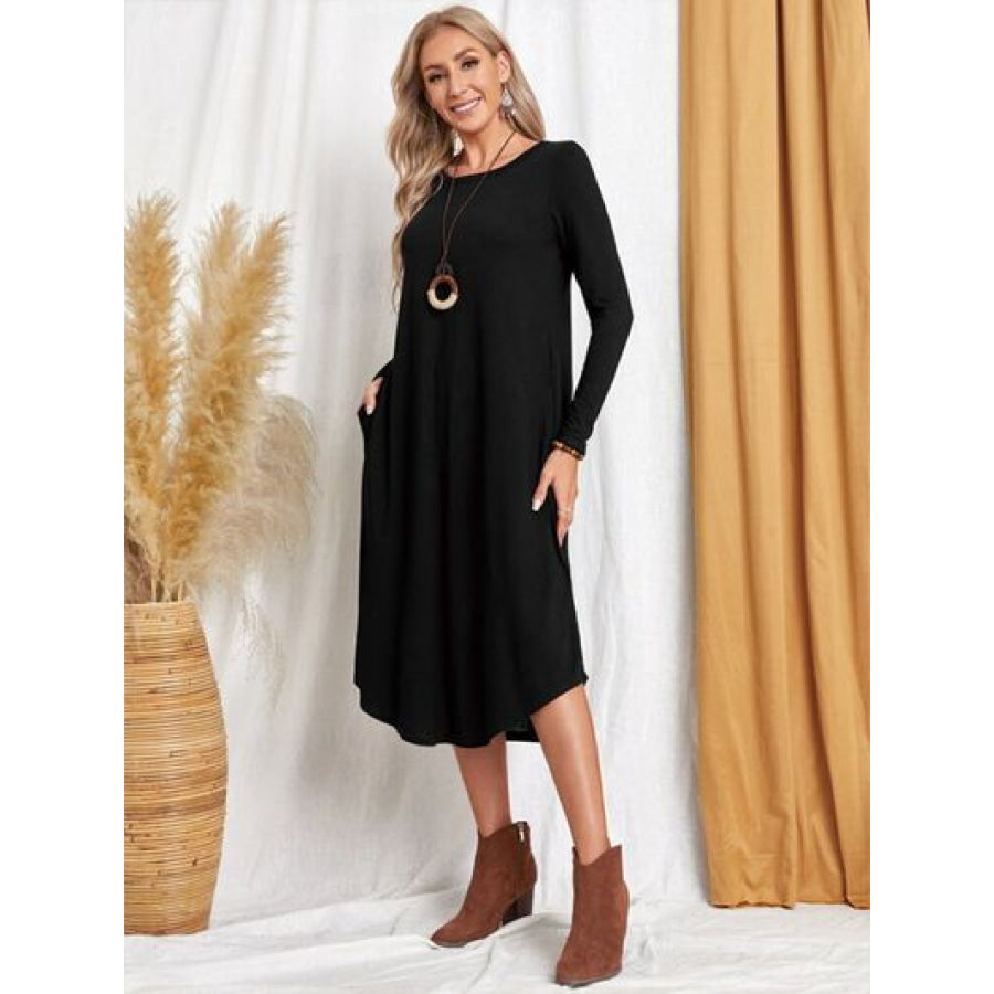 Pocketed Round Neck Long Sleeve Tee Dress Apparel and Accessories