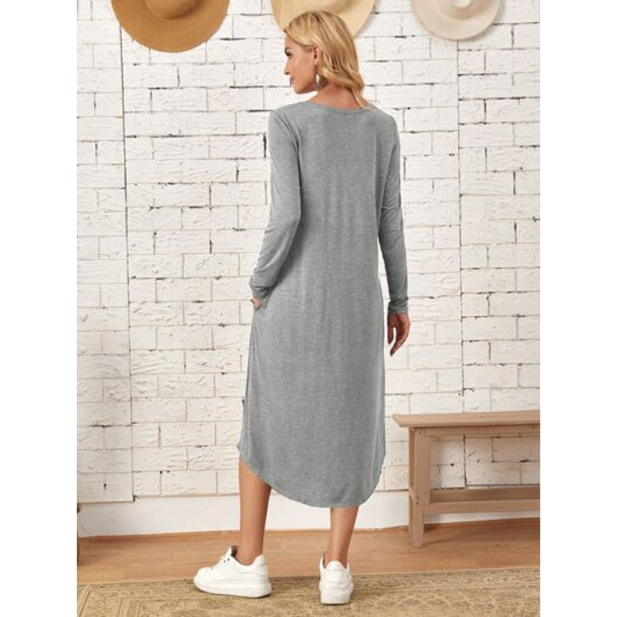 Pocketed Round Neck Long Sleeve Tee Dress Apparel and Accessories