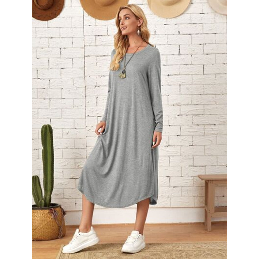 Pocketed Round Neck Long Sleeve Tee Dress Apparel and Accessories