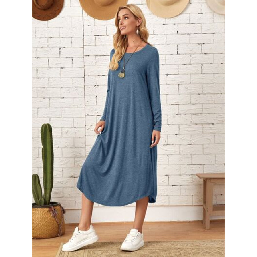 Pocketed Round Neck Long Sleeve Tee Dress Apparel and Accessories