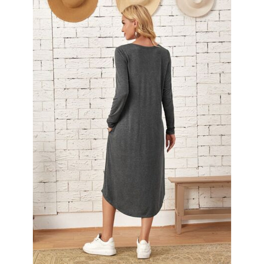 Pocketed Round Neck Long Sleeve Tee Dress Apparel and Accessories