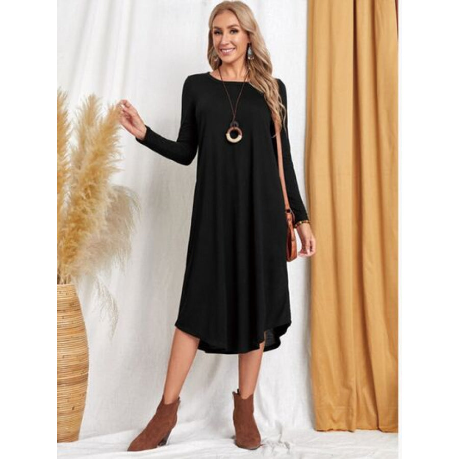 Pocketed Round Neck Long Sleeve Tee Dress Black / S Apparel and Accessories