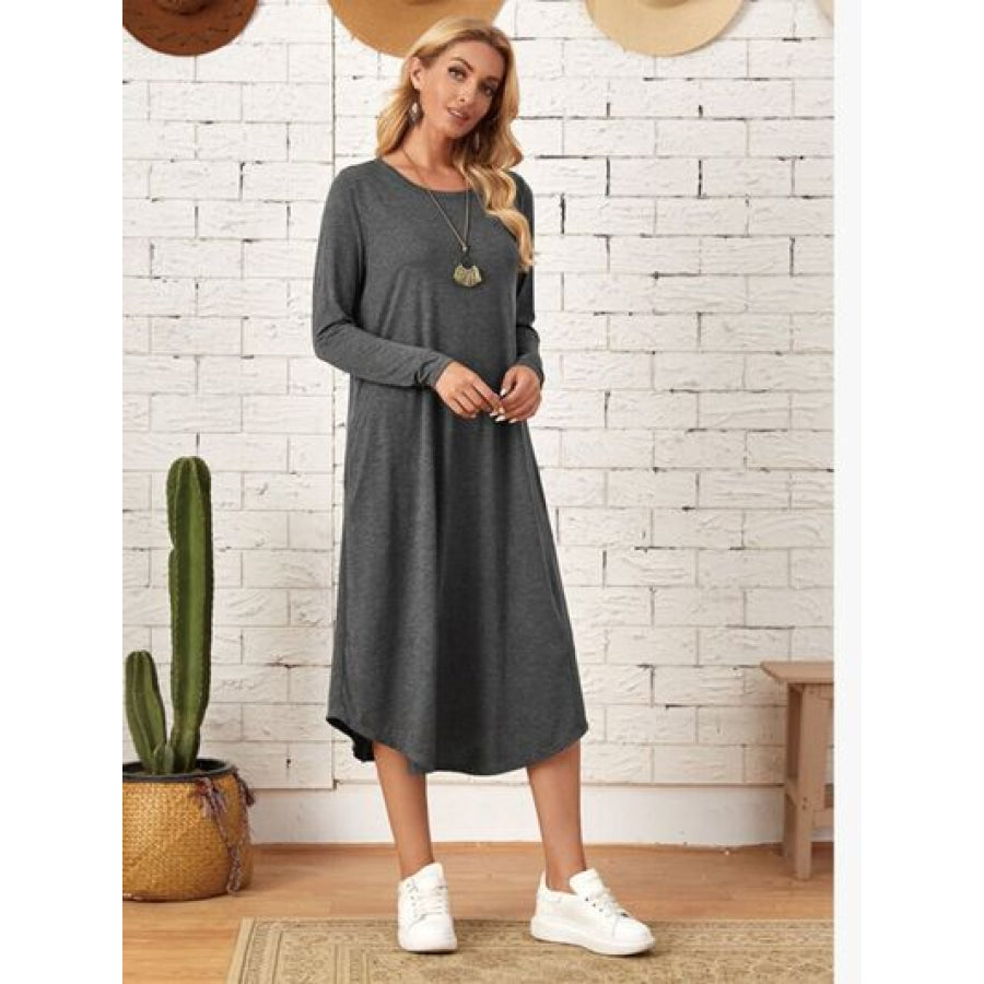 Pocketed Round Neck Long Sleeve Tee Dress Charcoal / S Apparel and Accessories