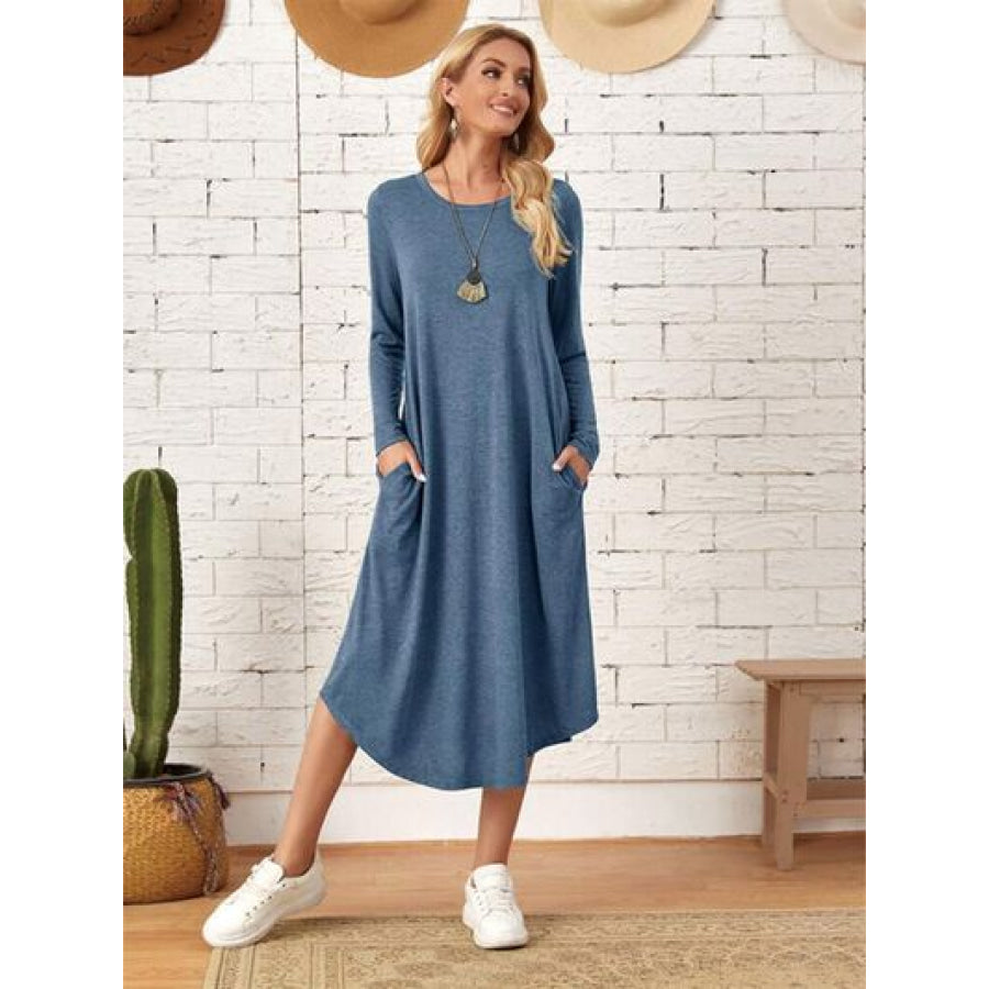 Pocketed Round Neck Long Sleeve Tee Dress Dusty Blue / S Apparel and Accessories