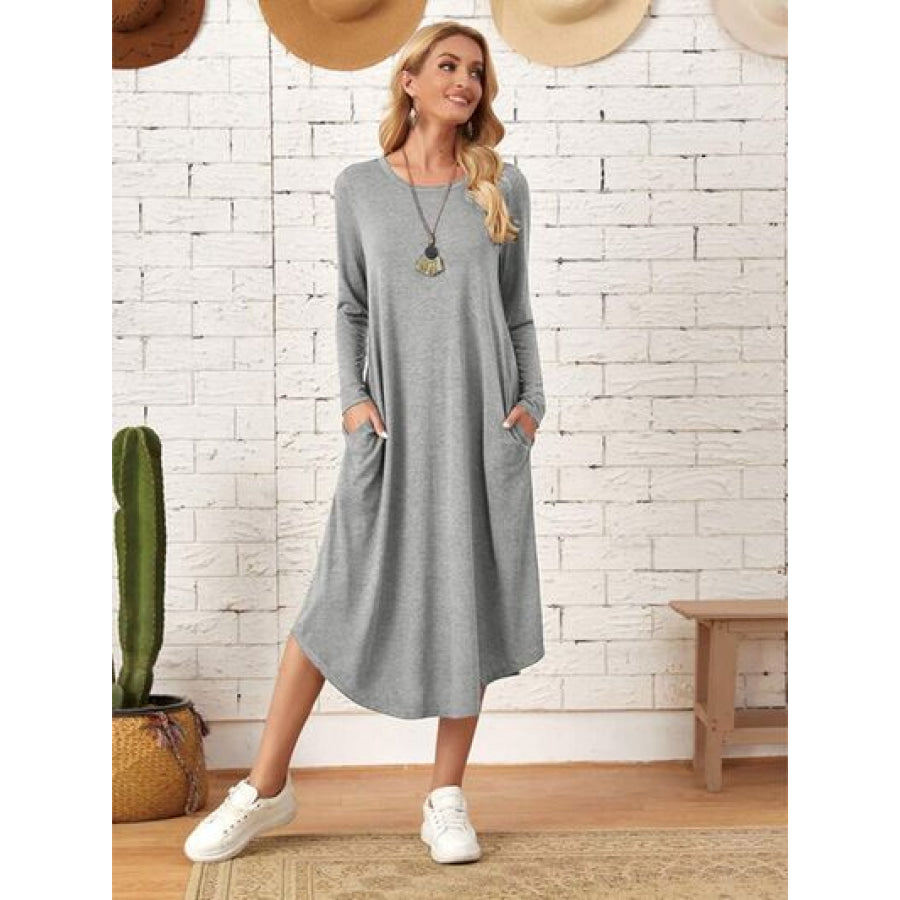 Pocketed Round Neck Long Sleeve Tee Dress Heather Gray / S Apparel and Accessories