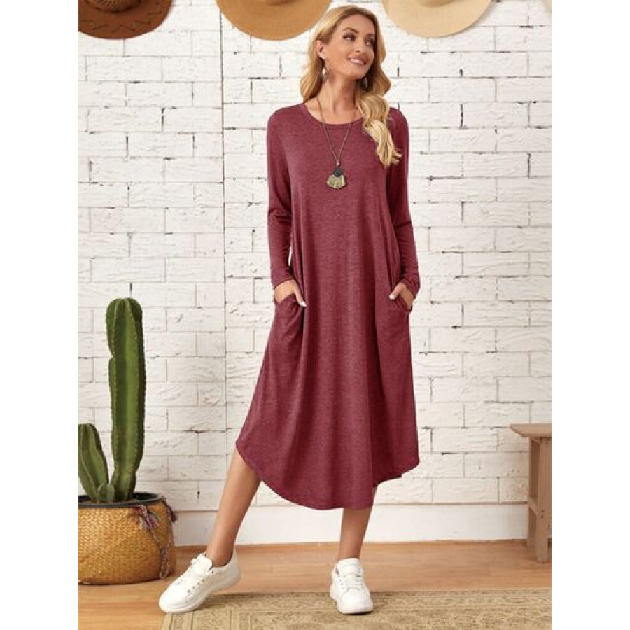 Pocketed Round Neck Long Sleeve Tee Dress Wine / S Apparel and Accessories