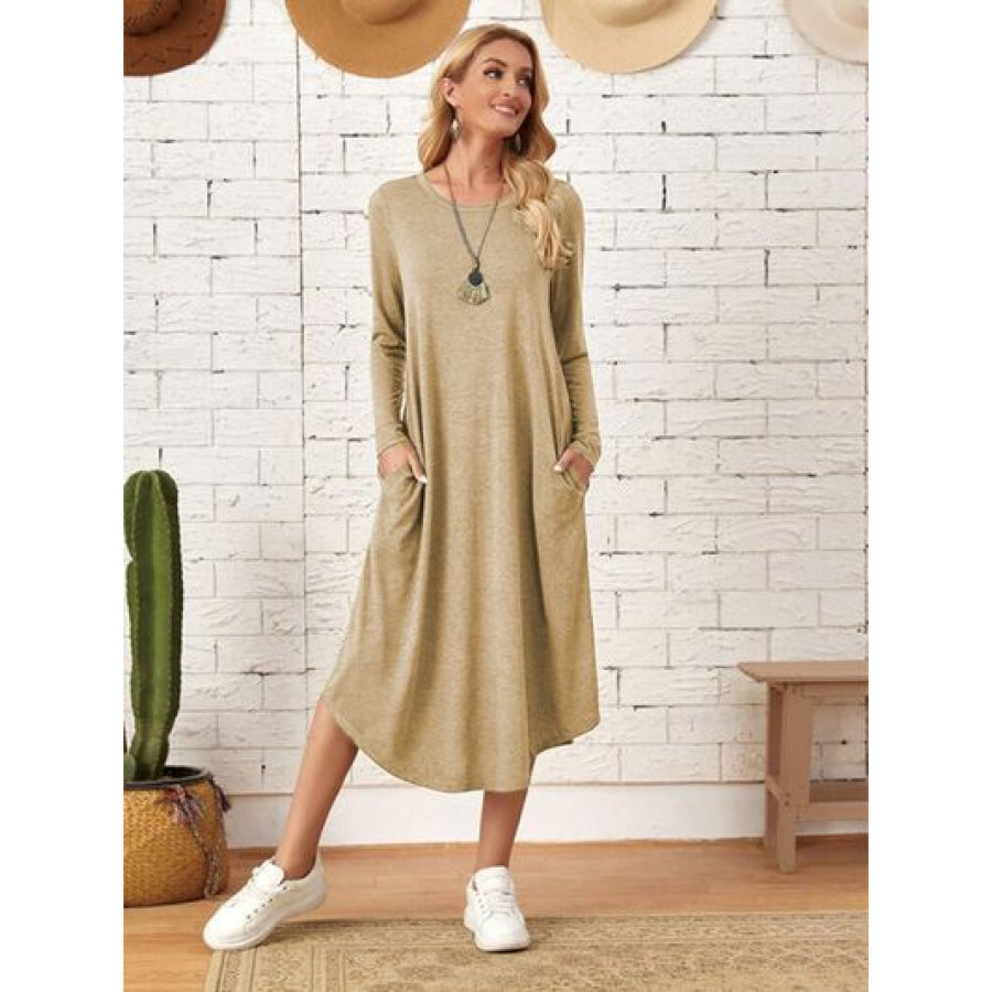 Pocketed Round Neck Long Sleeve Tee Dress Yellow Green / S Apparel and Accessories