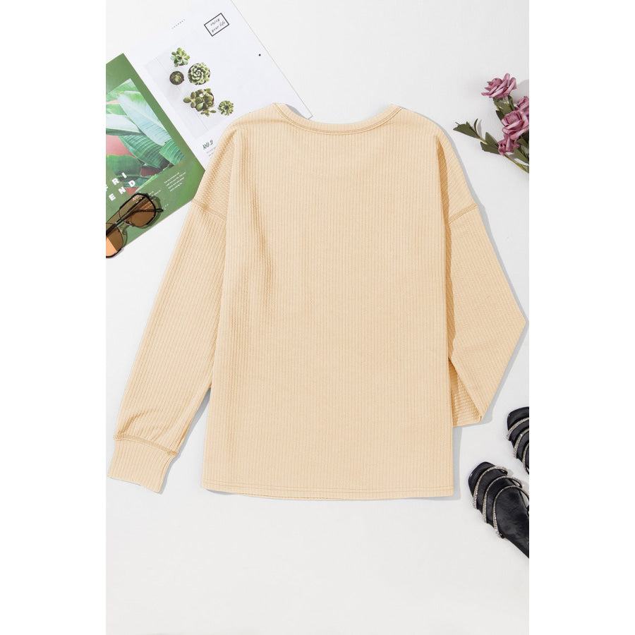 Pocketed Round Neck Long Sleeve Top Apparel and Accessories