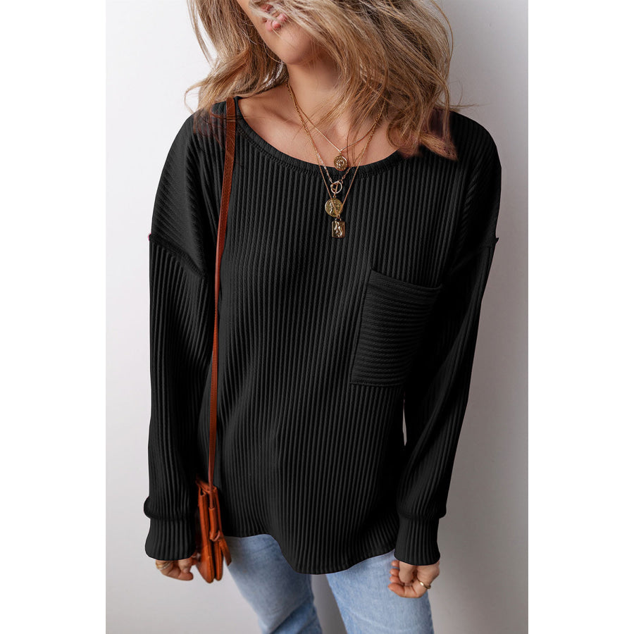 Pocketed Round Neck Long Sleeve Top Apparel and Accessories