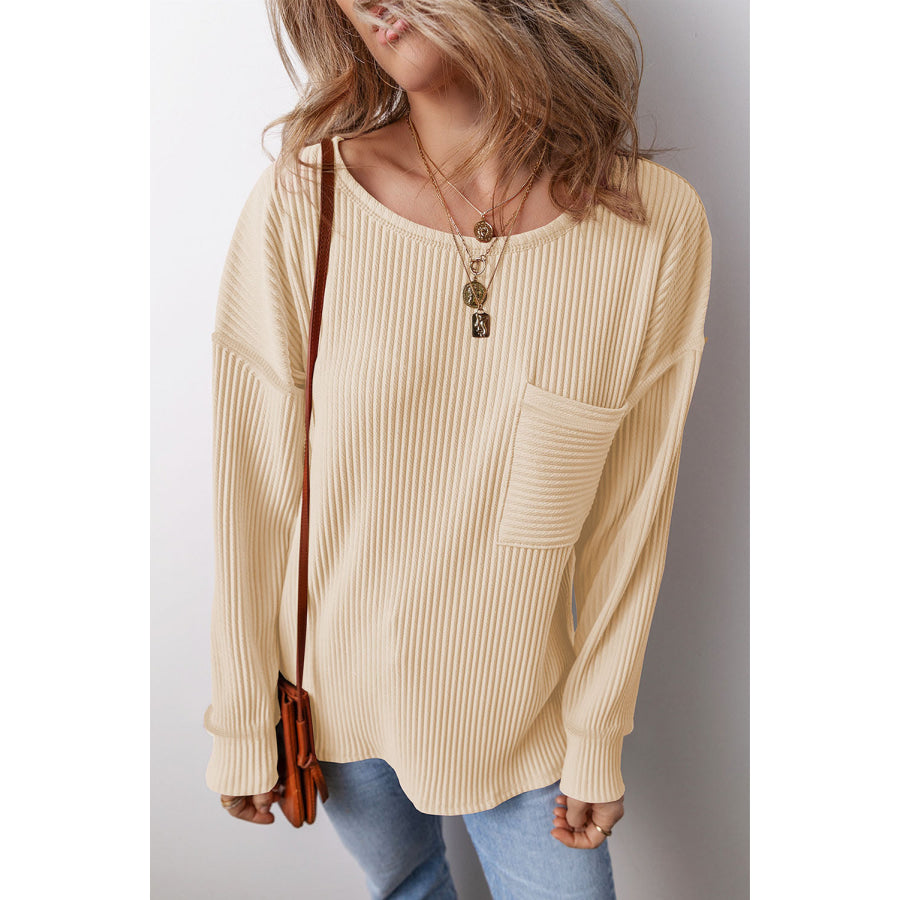 Pocketed Round Neck Long Sleeve Top Tan / S Apparel and Accessories