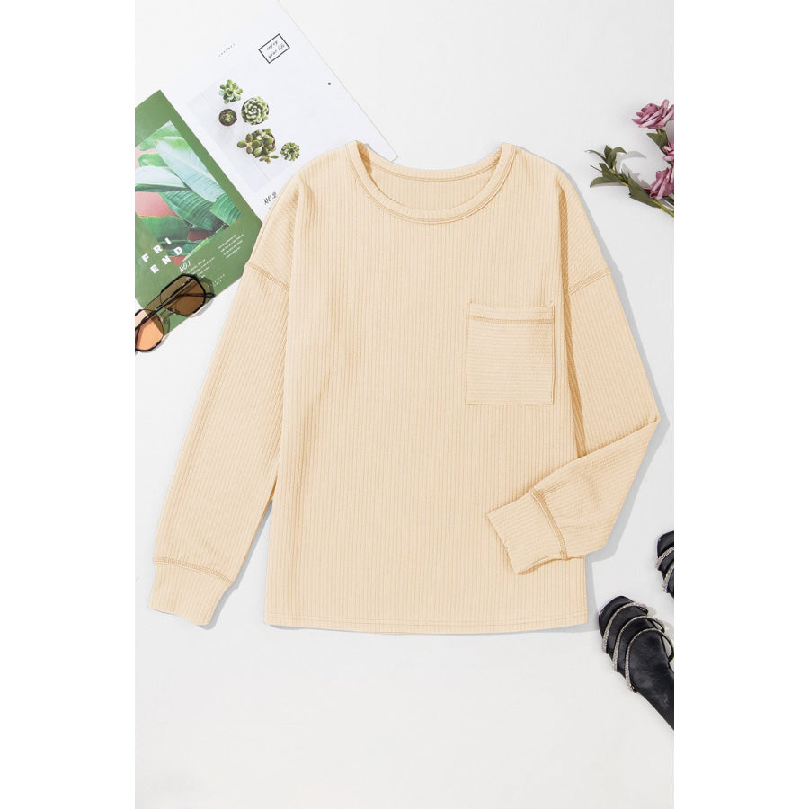 Pocketed Round Neck Long Sleeve Top Apparel and Accessories