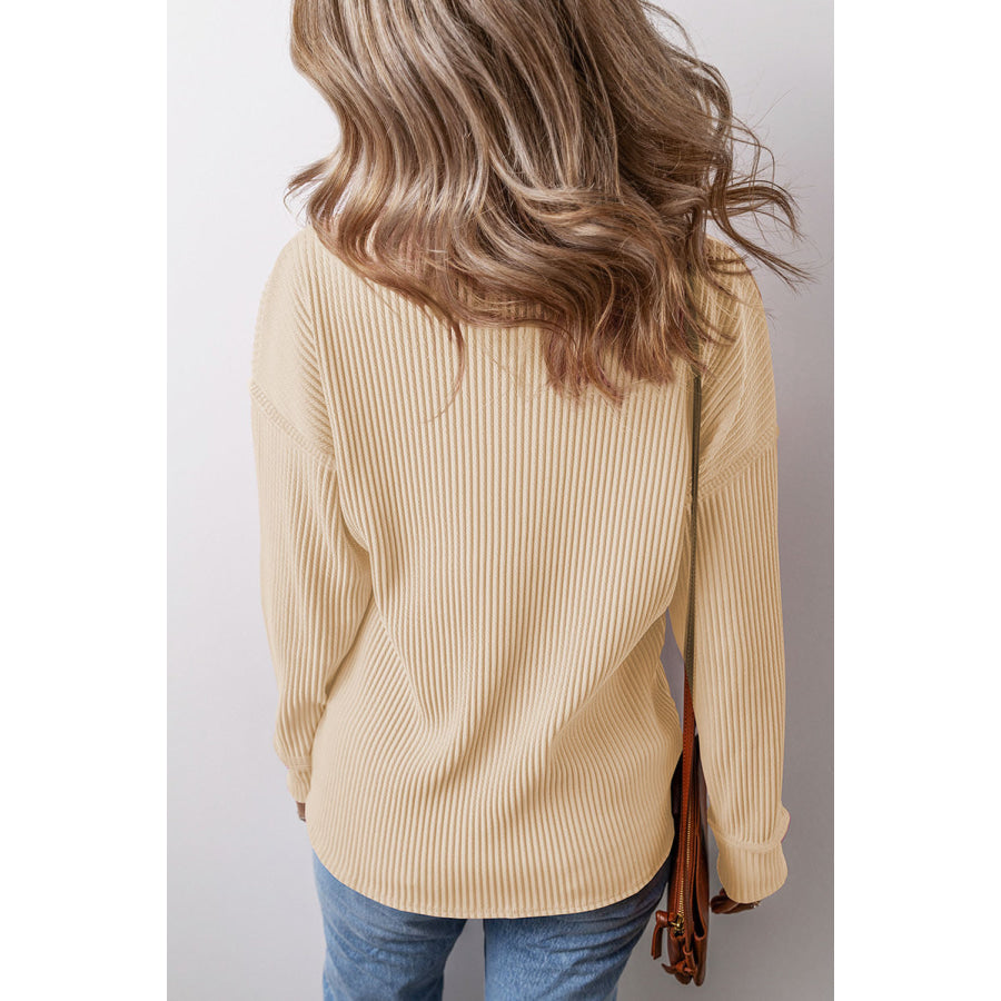 Pocketed Round Neck Long Sleeve Top Apparel and Accessories