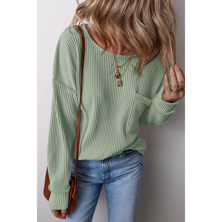 Pocketed Round Neck Long Sleeve Top Apparel and Accessories