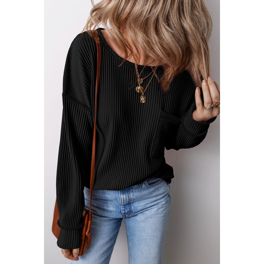 Pocketed Round Neck Long Sleeve Top Black / S Apparel and Accessories