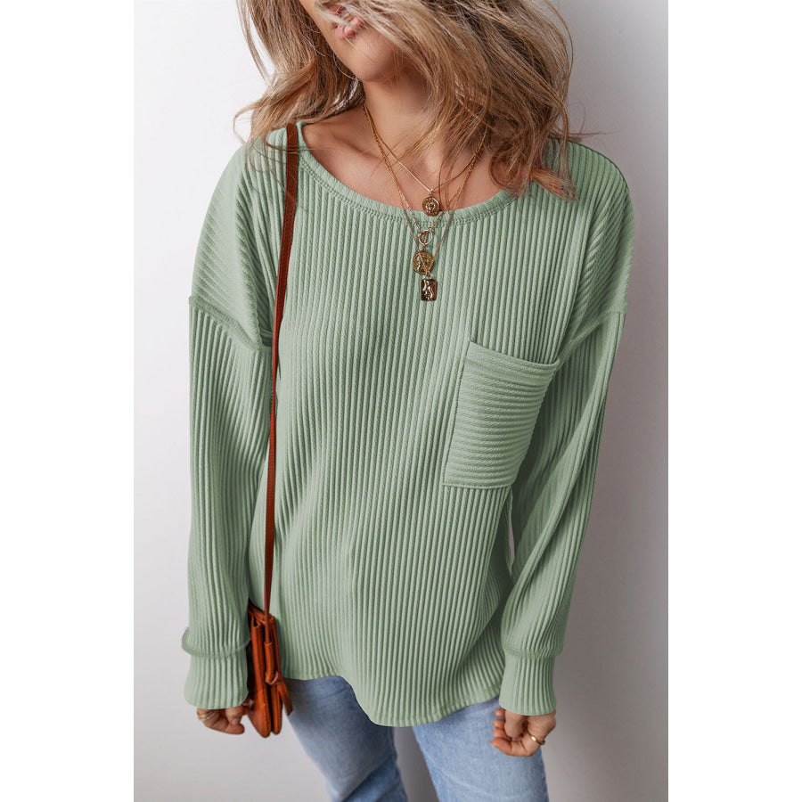 Pocketed Round Neck Long Sleeve Top Sage / S Apparel and Accessories