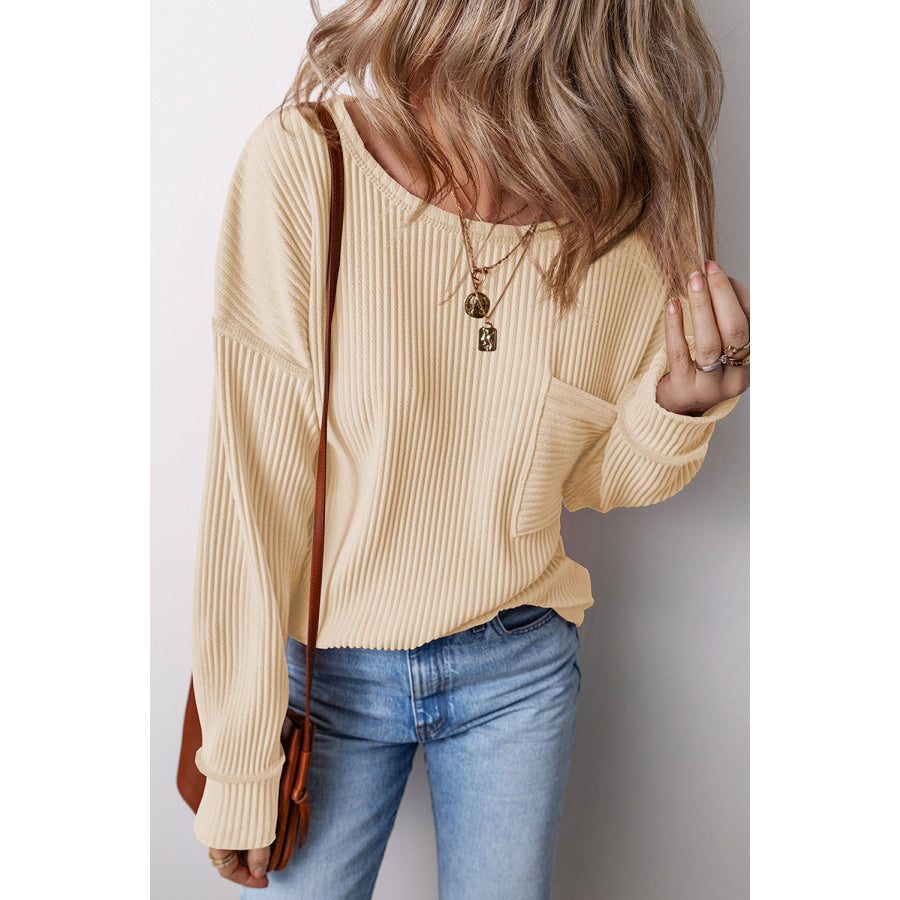Pocketed Round Neck Long Sleeve Top Tan / S Apparel and Accessories