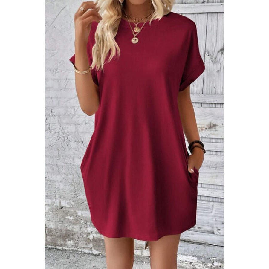 Pocketed Round Neck Short Sleeve Dress Apparel and Accessories