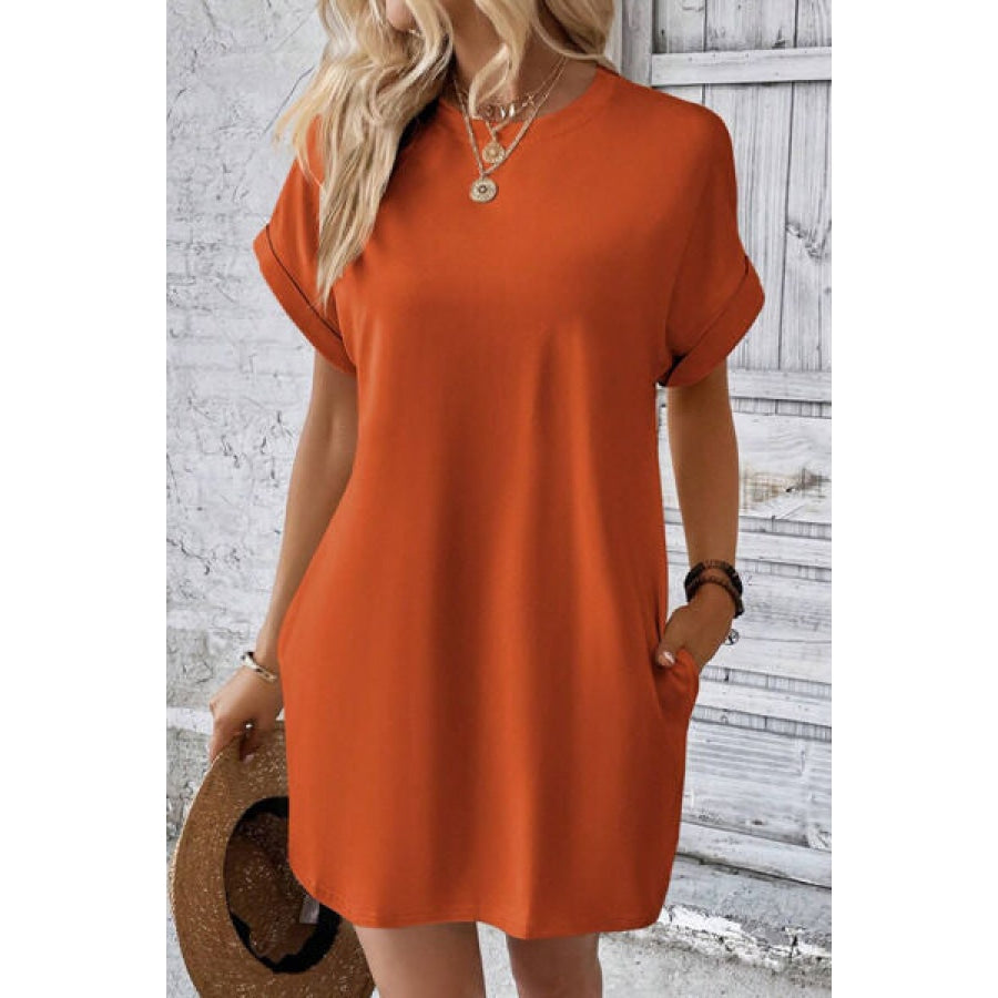 Pocketed Round Neck Short Sleeve Dress Apparel and Accessories