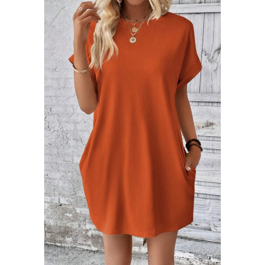 Pocketed Round Neck Short Sleeve Dress Apparel and Accessories