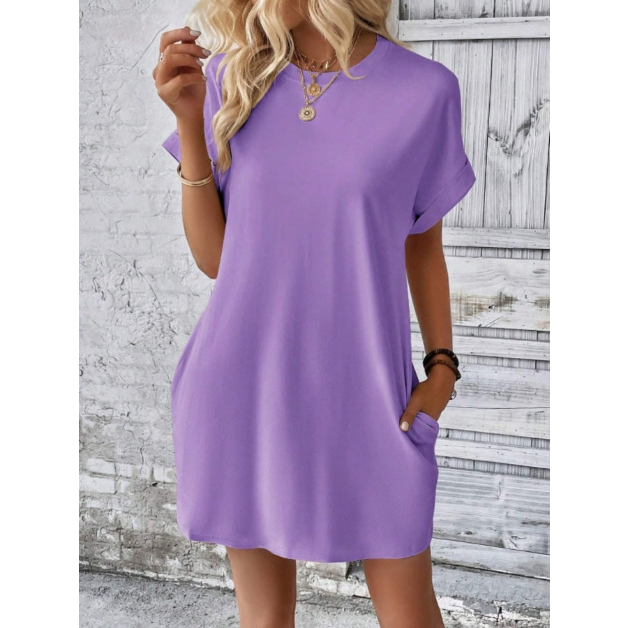 Pocketed Round Neck Short Sleeve Dress Apparel and Accessories