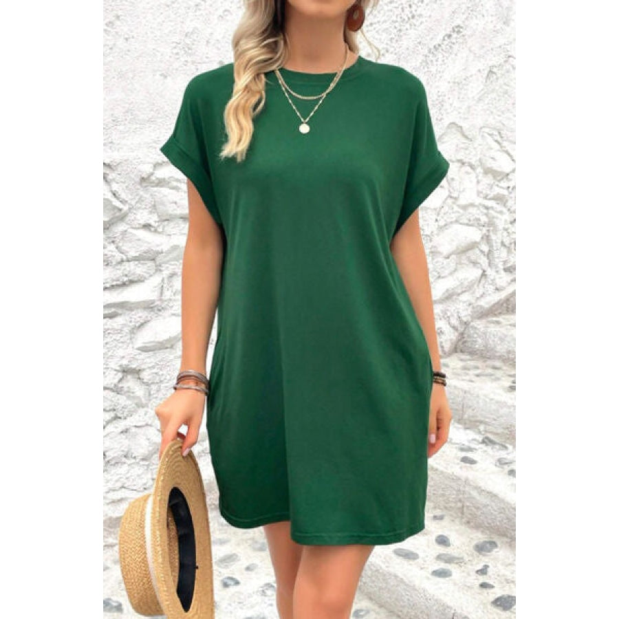 Pocketed Round Neck Short Sleeve Dress Apparel and Accessories