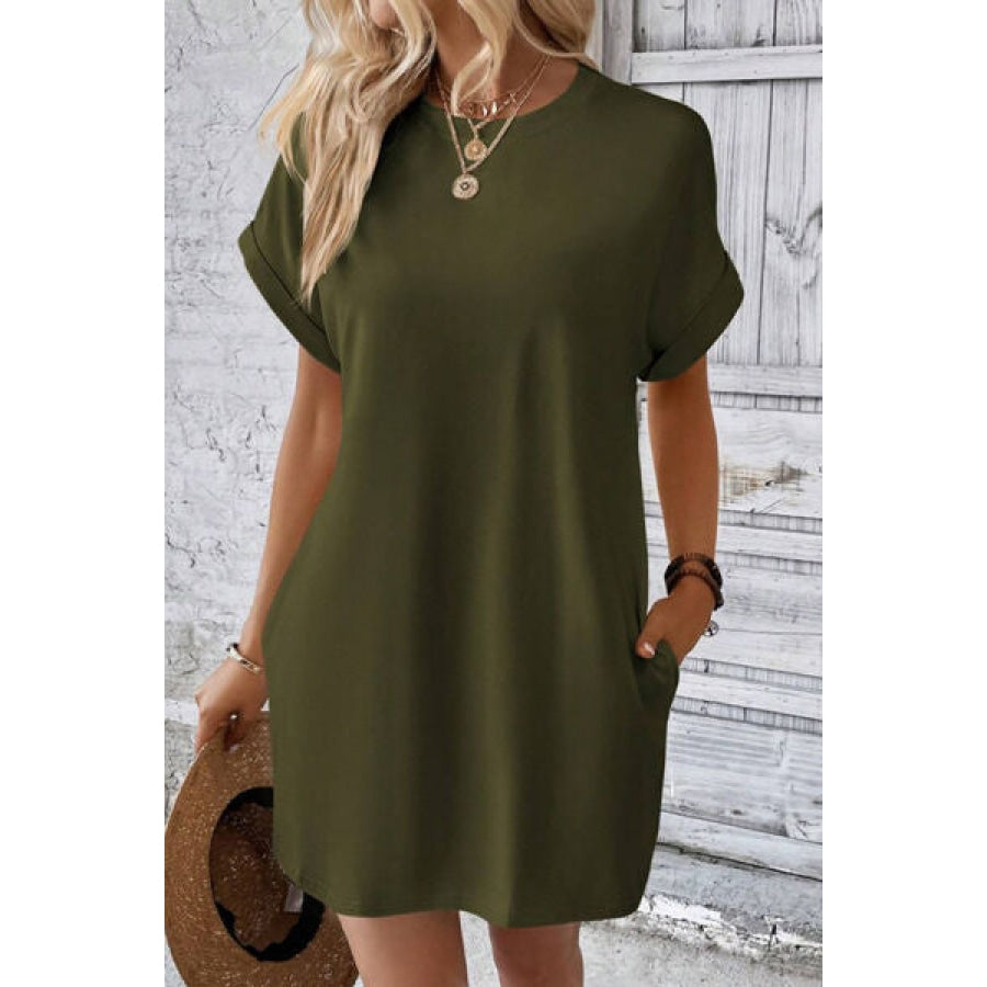 Pocketed Round Neck Short Sleeve Dress Apparel and Accessories