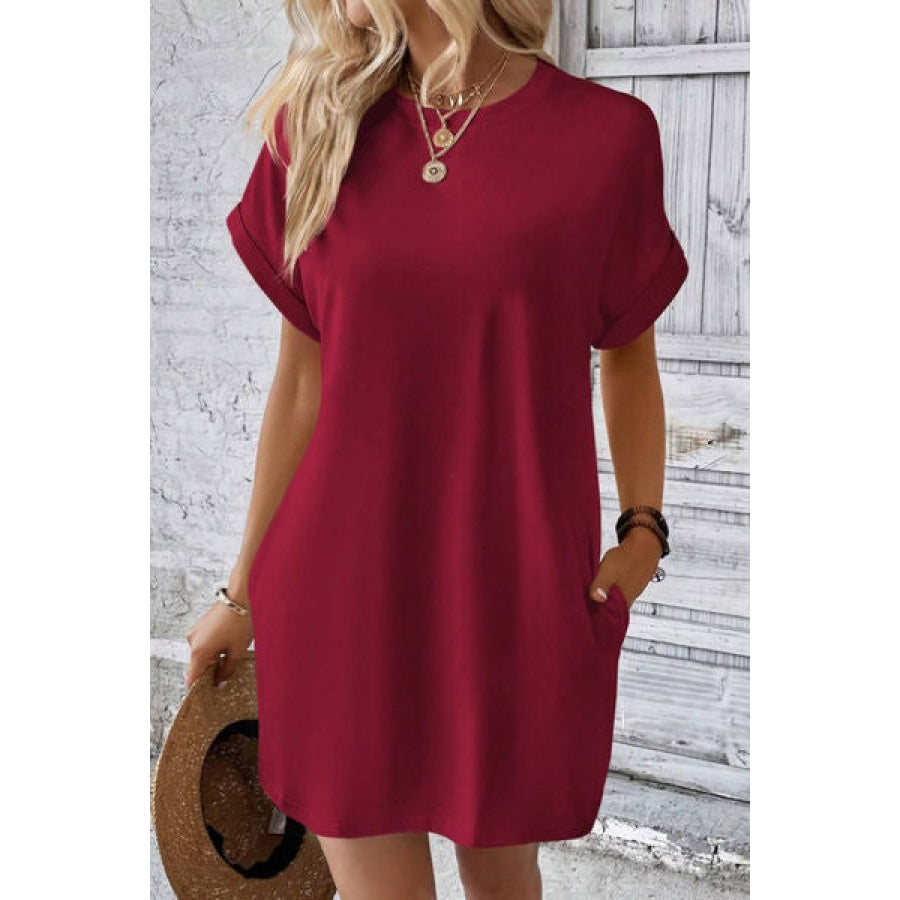 Pocketed Round Neck Short Sleeve Dress Apparel and Accessories