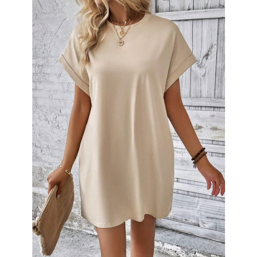 Pocketed Round Neck Short Sleeve Dress Apparel and Accessories