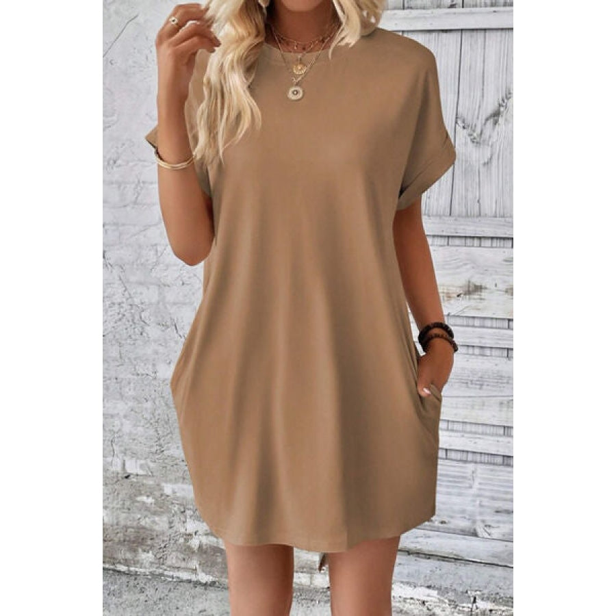 Pocketed Round Neck Short Sleeve Dress Apparel and Accessories