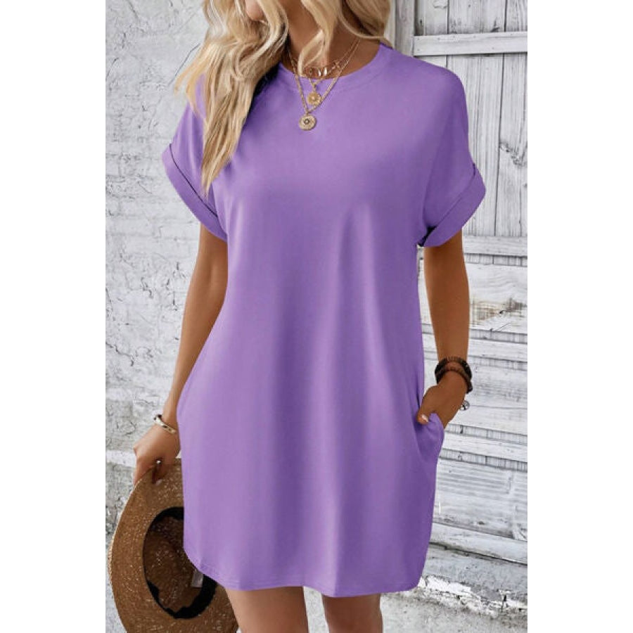 Pocketed Round Neck Short Sleeve Dress Apparel and Accessories