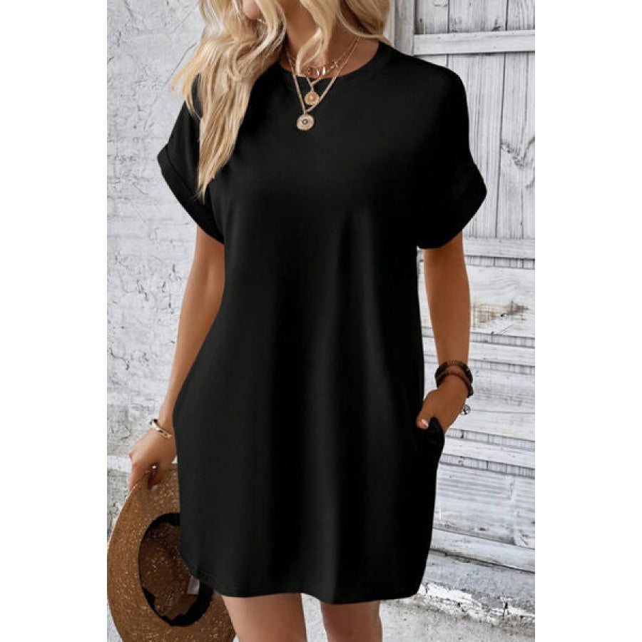 Pocketed Round Neck Short Sleeve Dress Apparel and Accessories