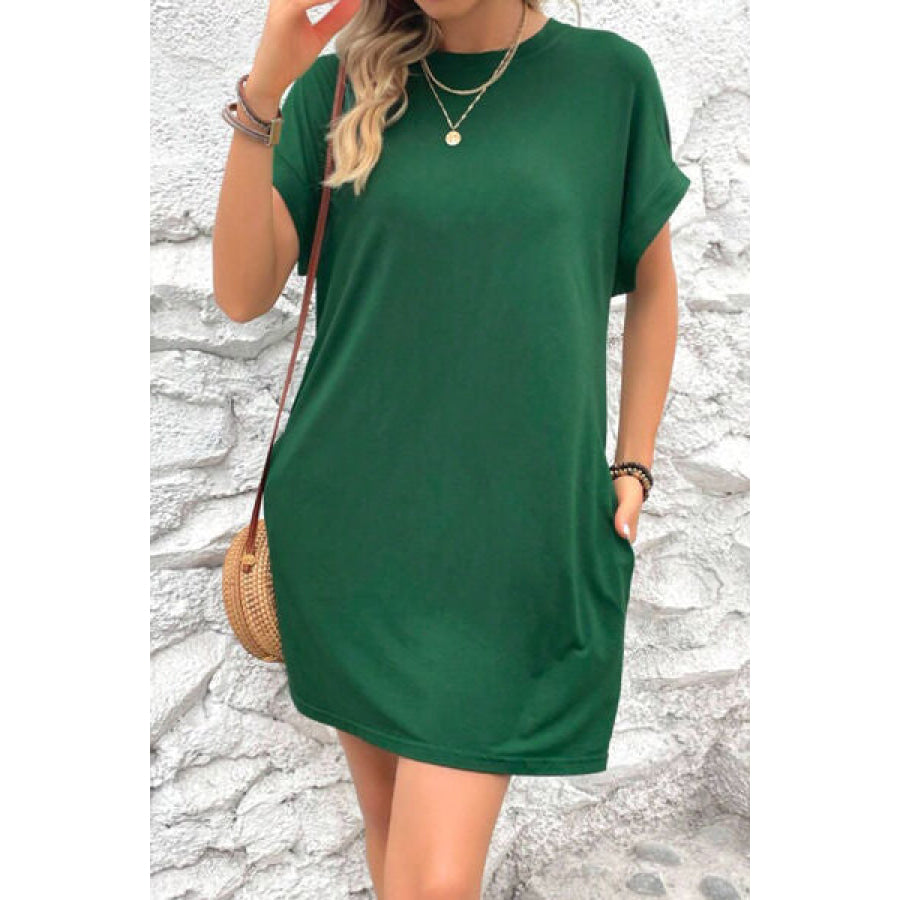 Pocketed Round Neck Short Sleeve Dress Green / S Apparel and Accessories