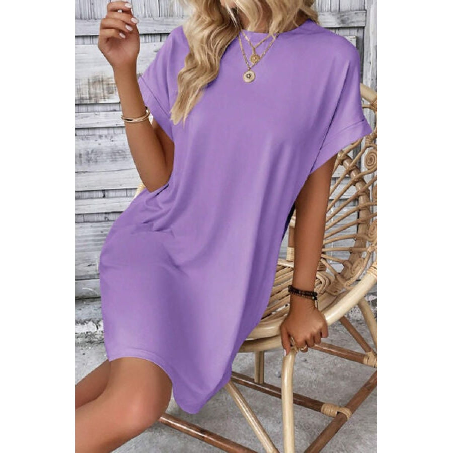 Pocketed Round Neck Short Sleeve Dress Apparel and Accessories