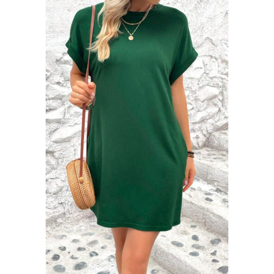 Pocketed Round Neck Short Sleeve Dress Apparel and Accessories