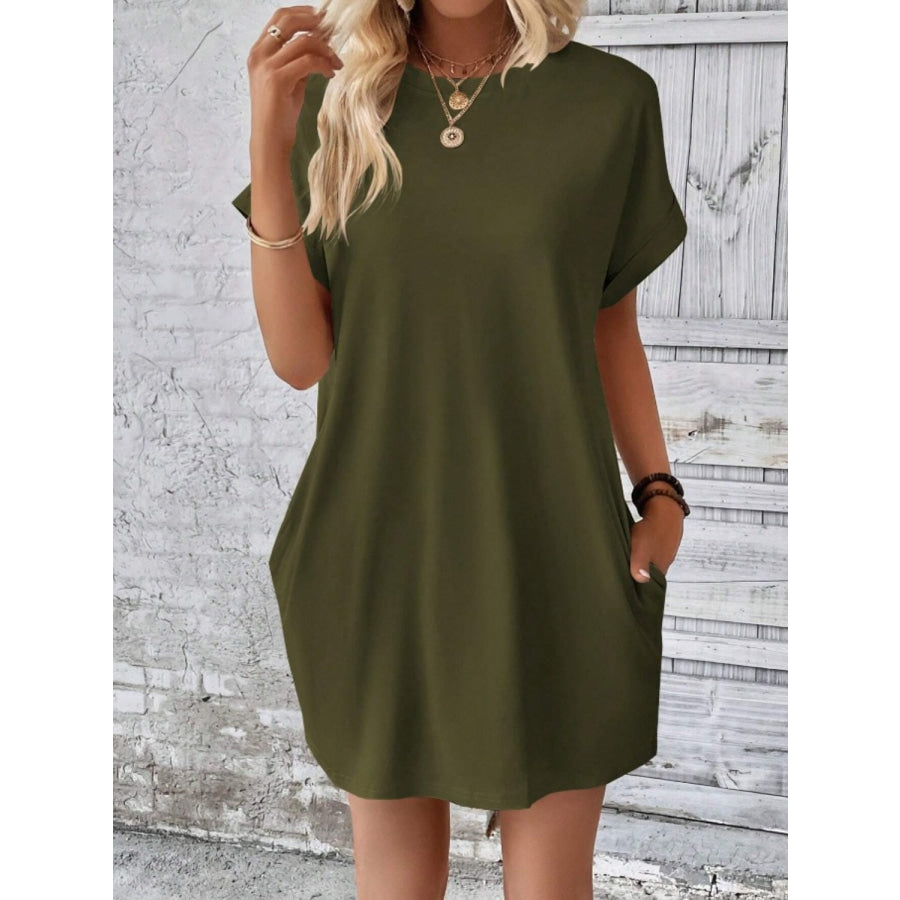 Pocketed Round Neck Short Sleeve Dress Army Green / S Apparel and Accessories