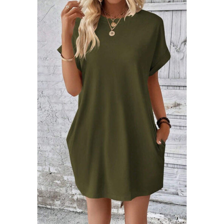 Pocketed Round Neck Short Sleeve Dress Army Green / S Apparel and Accessories