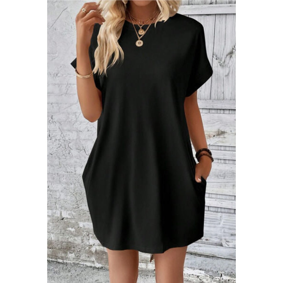 Pocketed Round Neck Short Sleeve Dress Black / S Apparel and Accessories