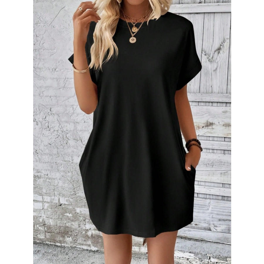 Pocketed Round Neck Short Sleeve Dress Black / S Apparel and Accessories