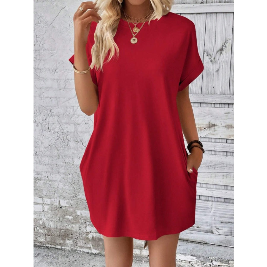 Pocketed Round Neck Short Sleeve Dress Deep Red / S Apparel and Accessories