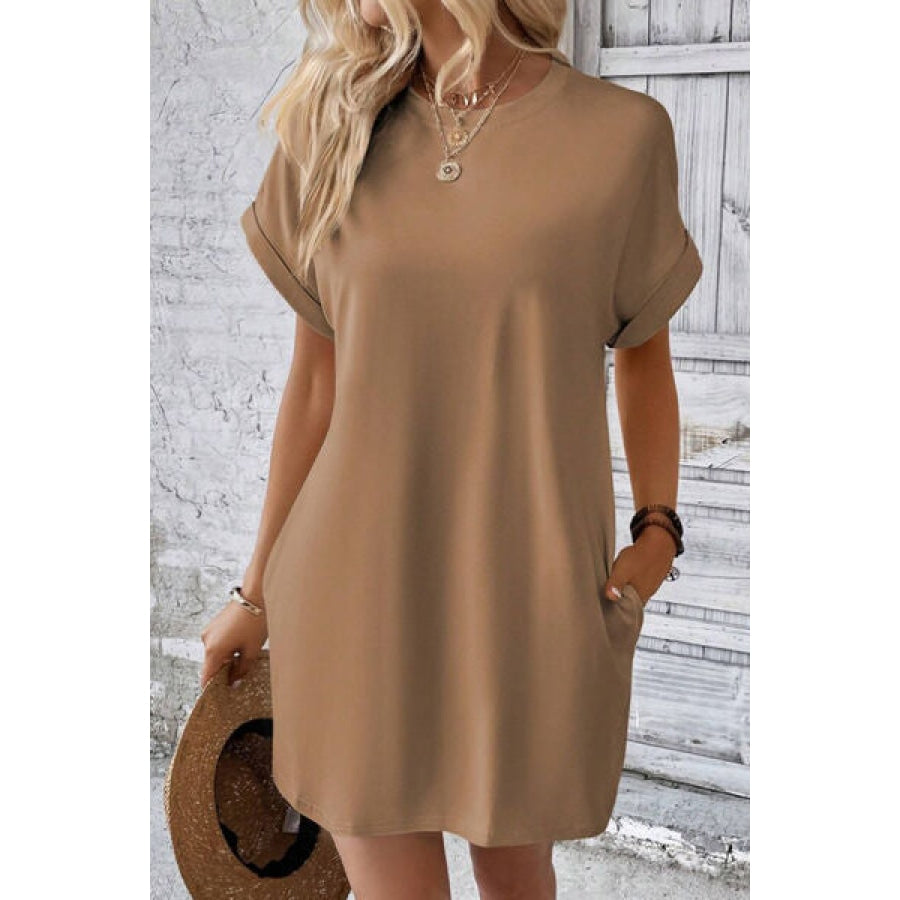 Pocketed Round Neck Short Sleeve Dress Dust Storm / S Apparel and Accessories