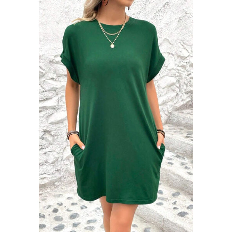 Pocketed Round Neck Short Sleeve Dress Green / S Apparel and Accessories