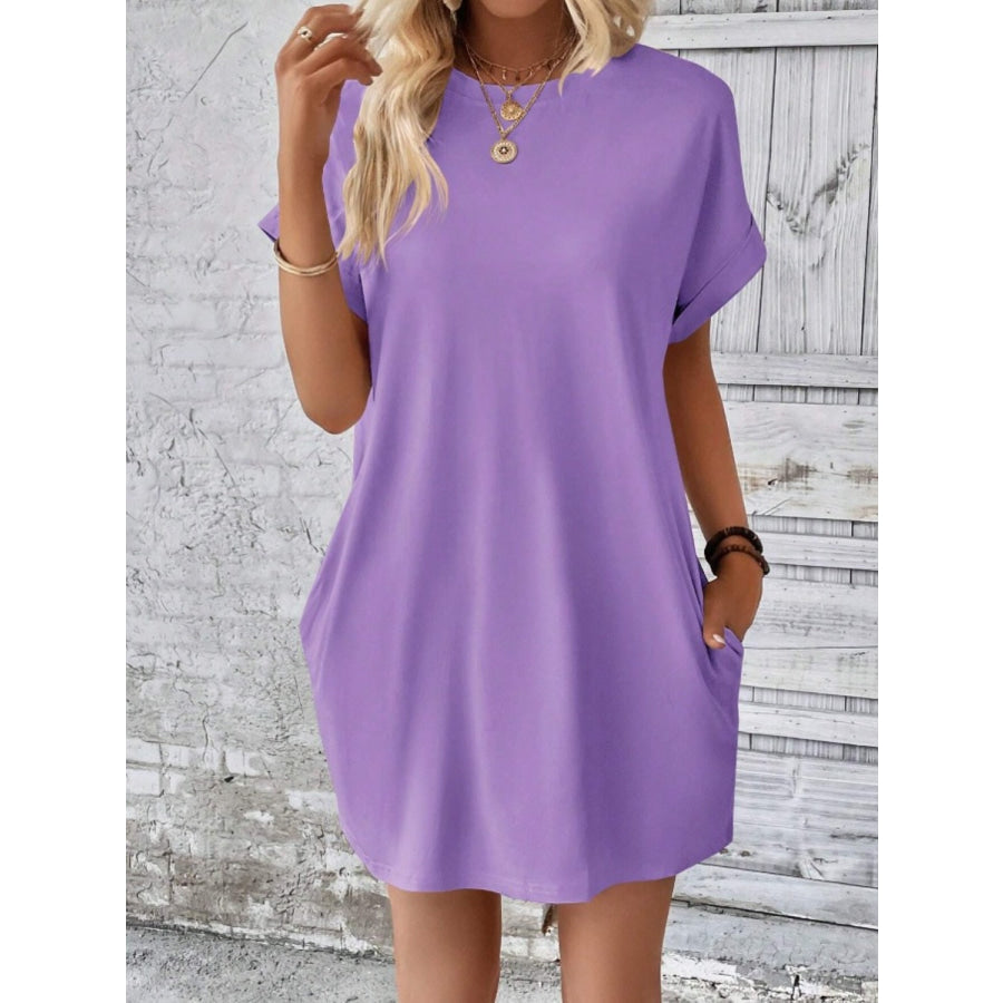 Pocketed Round Neck Short Sleeve Dress Lavender / S Apparel and Accessories